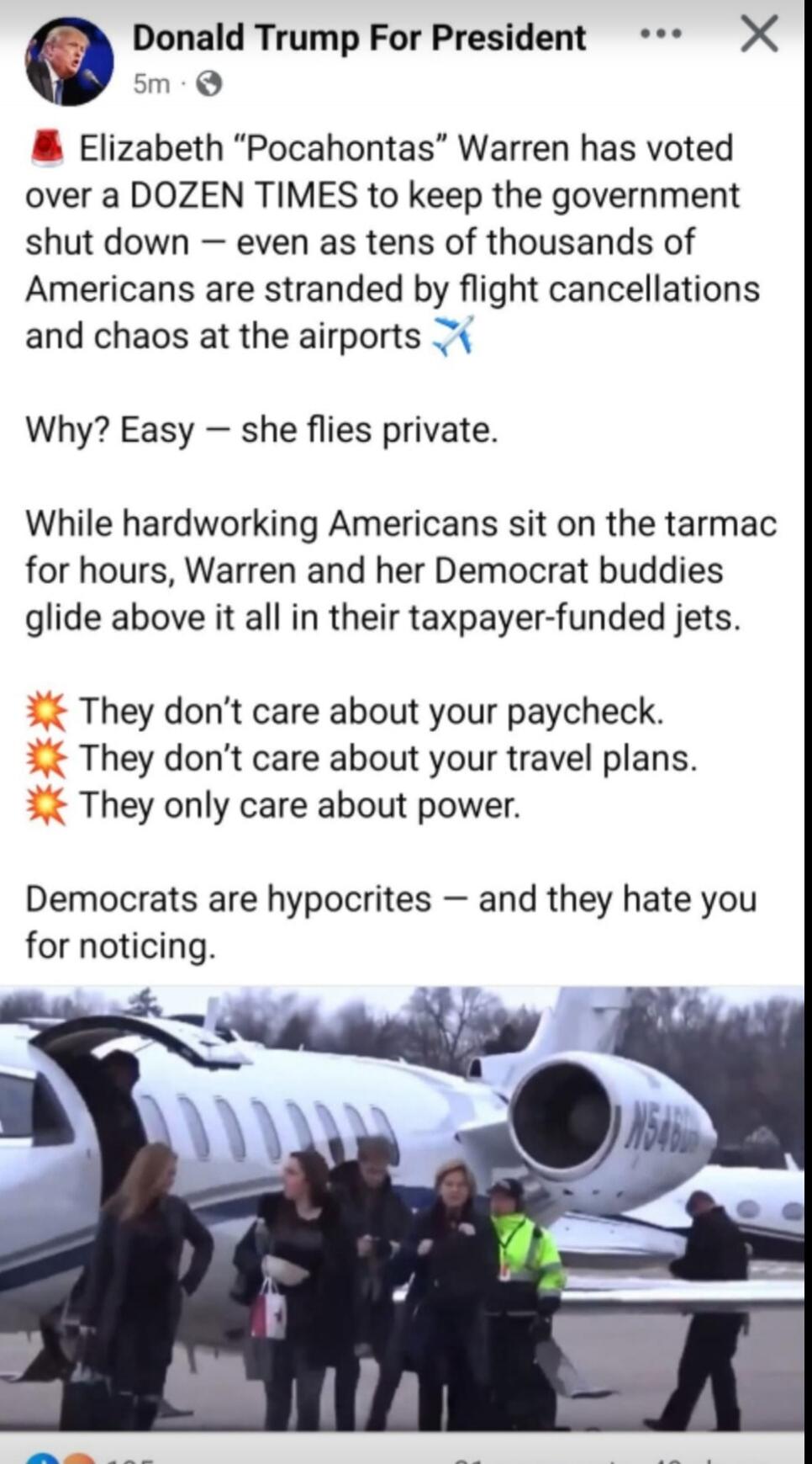 🚨 Elizabeth “Pocahontas” Warren has voted over a DOZEN TIMES to keep the government shut down — even as tens of thousands of Americans are stranded by flight cancellations and chaos at the airports ✈️

Why? Easy — she flies private.

While hardworking Americans sit on the tarmac for hours, Warren and her Democrat buddies glide above it all in their