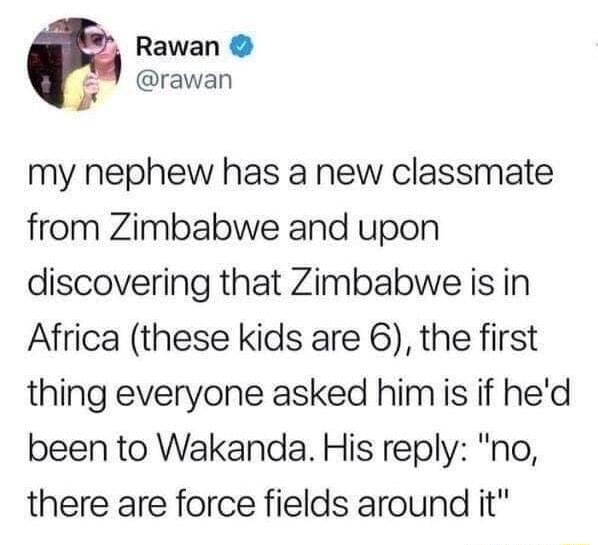 Rawan rawan my nephew has a new classmate from Zimbabwe and upon discovering that Zimbabwe is in Africa these kids are 6 the first thing everyone asked himis if hed been to Wakanda His reply no there are force fields around it