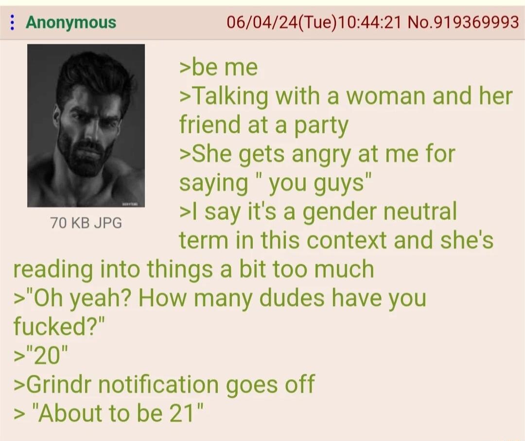 i Anonymous 060424Tue104421 No919369993 be me Talking with a woman and her friend at a party She gets angry at me for saying you guys say its a gender neutral term in this context and shes reading into things a bit too much 0h yeah How many dudes have you fucked 20 Grindr notification goes off About to be 21 70KB JPG