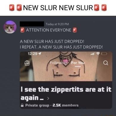 GNEW SLUR NEW SLURE 4 L NTION EVERYONE B aTenT UR HAS JUST DROPPED AT ANEW SLUR HAS JUST DROPPED T o Followi Pl Q lg_ see the zippertits are at it ELET Private group 25K members