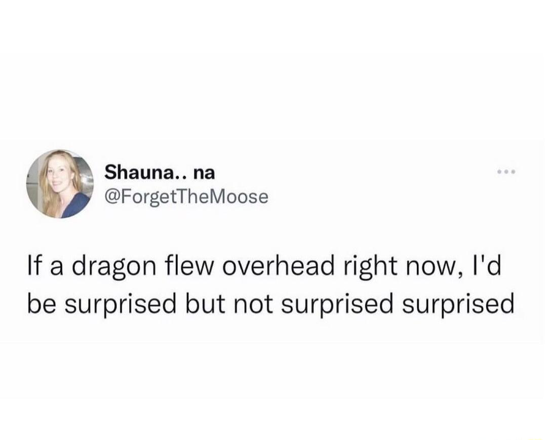 shaunana ForgetTheMoose If a dragon flew overhead right now Id be surprised but not surprised surprised