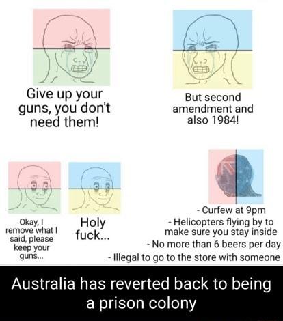 Give up your Butsecond guns you dont amendment and need them also 1984 T Curfew at 9pm Okay Holy Helicopters flying by to remove what 1 make sure you stay inside said please uck N han 6 b d ol lo more than 6 beers per day quns lllegal 10 go to the store with someone Australia has reverted back to being a prison colony