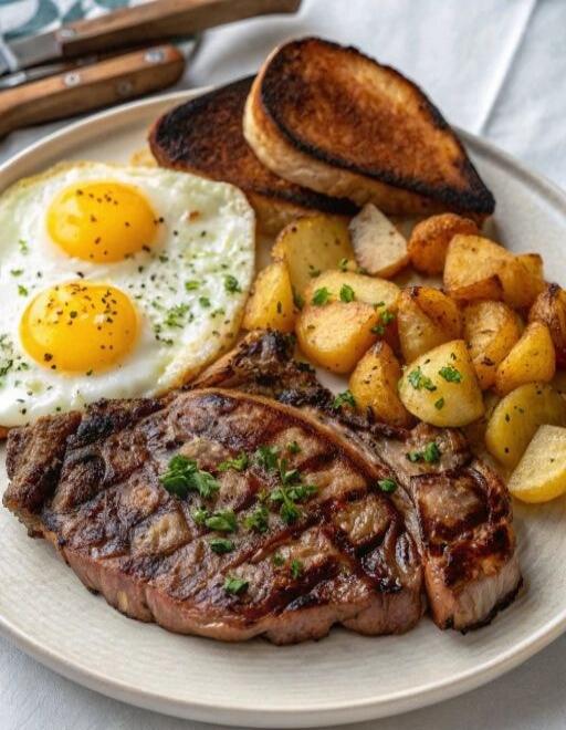 A hearty breakfast with a grilled steak, two fried eggs, roasted potatoes, and burnt toast.