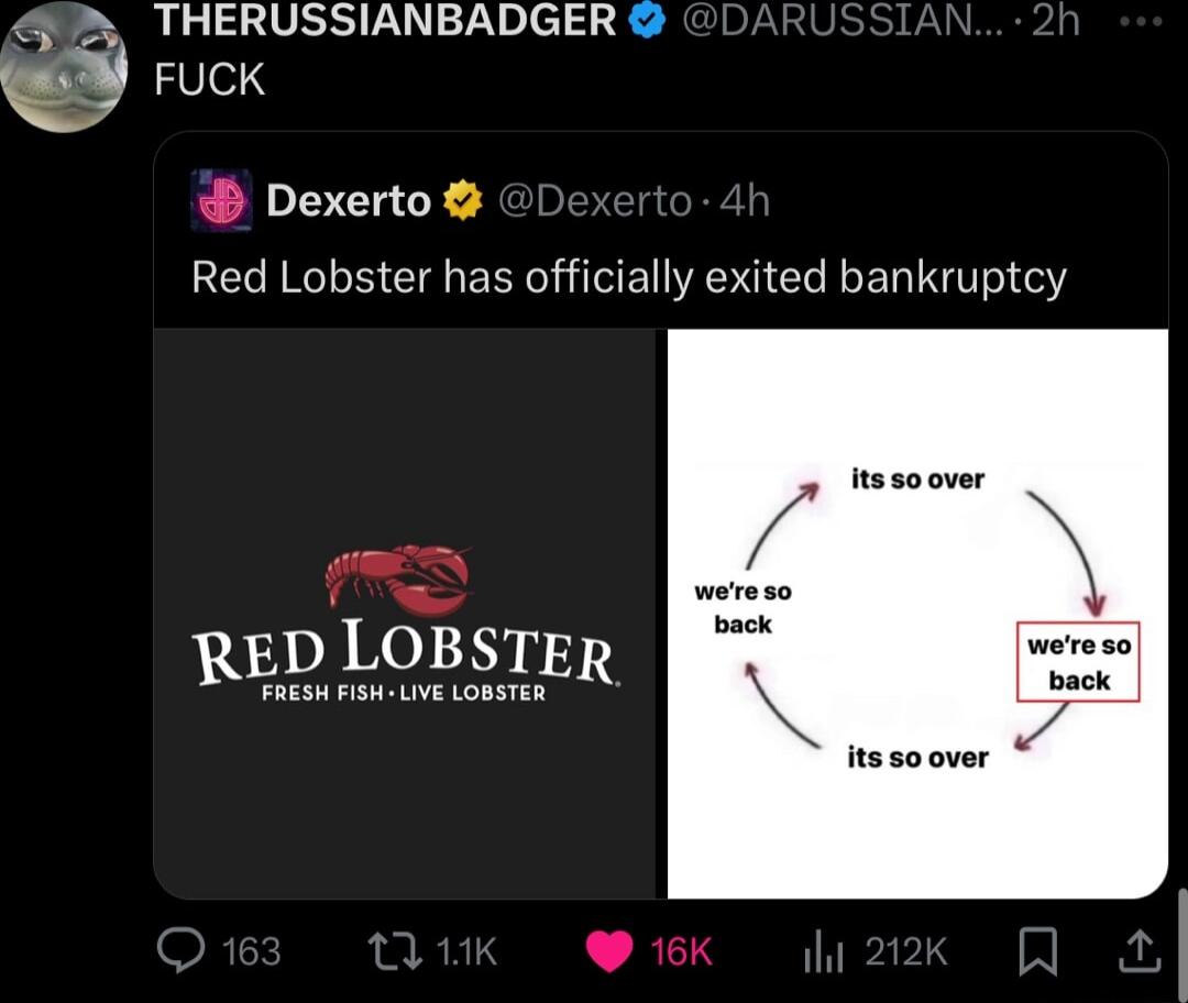 THERUSSIANBADGER 5 vv FUCK Dexerto Red Lobster has officially exited bankruptcy back issoover RED LOBSTER