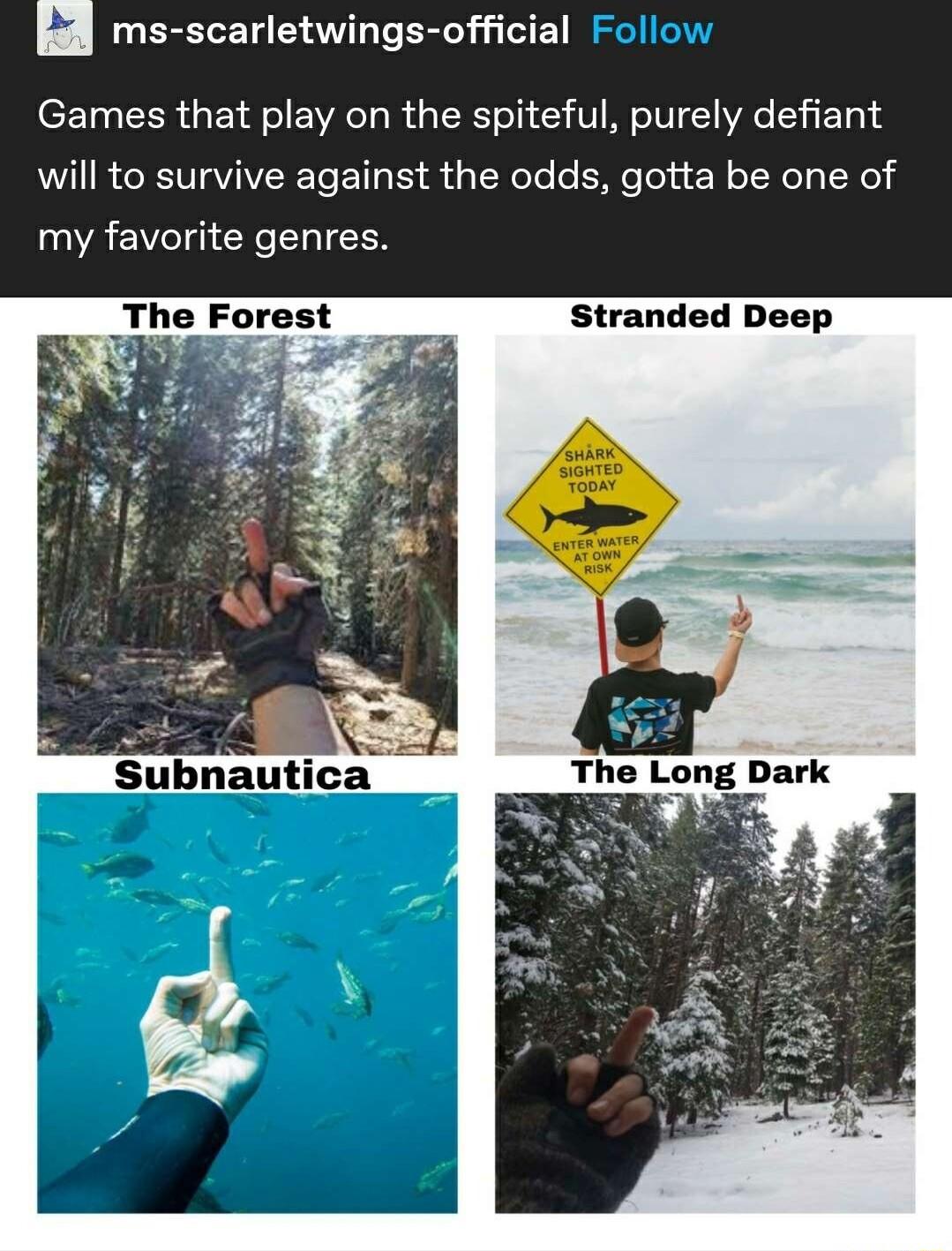 ms scarletwings official Games that play on the spiteful purely defiant will to survive against the odds gotta be one of my favorite genres Stranded Deep Subnautica __The Long Dark