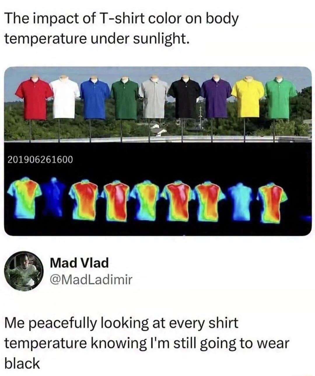 The impact of T-shirt color on body temperature under sunlight. Me peacefully looking at every shirt temperature knowing I'm still going to wear black.