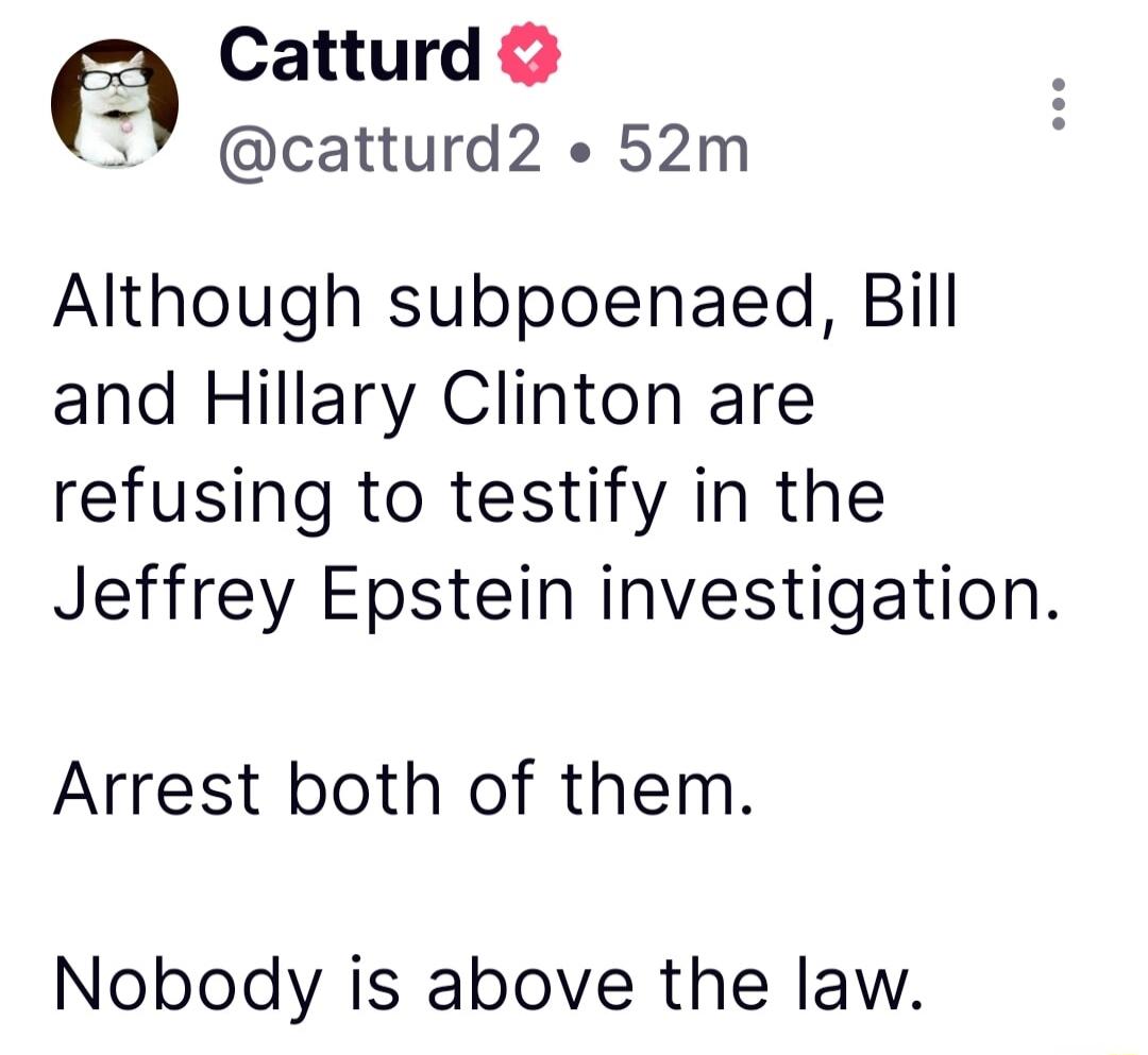 Although subpoenaed, Bill and Hillary Clinton are refusing to testify in the Jeffrey Epstein investigation.

Arrest both of them.

Nobody is above the law.
