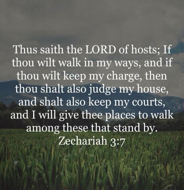 Thus saith the LORD of hosts; If thou wilt walk in my ways, and if thou wilt keep my charge, then thou shalt also judge my house, and shalt also keep my courts, and I will give thee places to walk among these that stand by. Zechariah 3:7