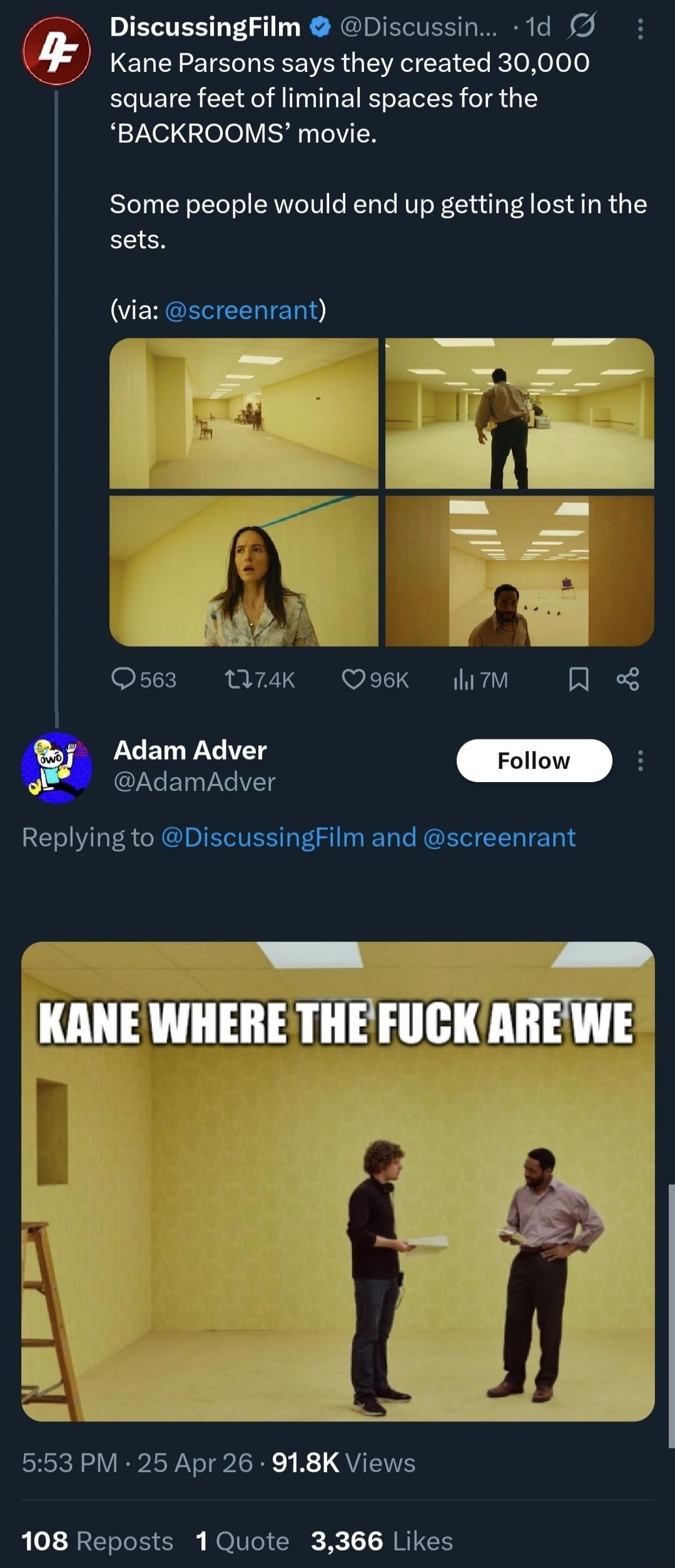 DiscussingFilm: Kane Parsons says they created 30,000 square feet of liminal spaces for the 'BACKROOMS' movie. Some people would end up getting lost in the sets. Adam Adver: KANE WHERE THE FUCK ARE WE