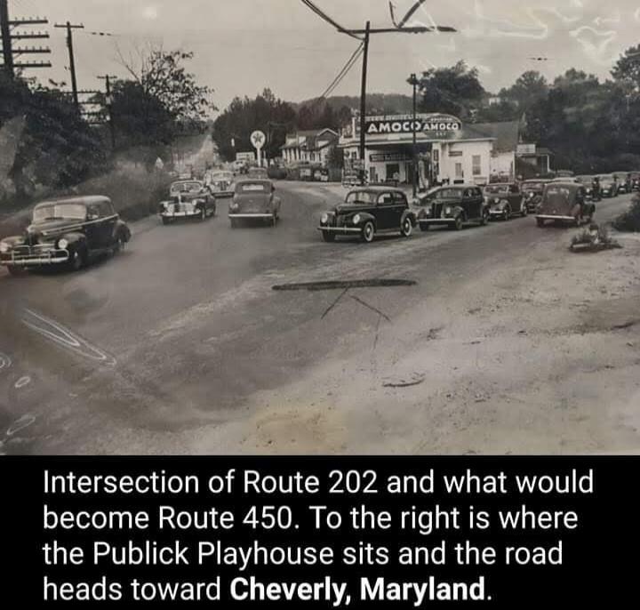 Intersection of Route 202 and what would become Route 450. To the right is where the Publick Playhouse sits and the road heads toward Cheverly, Maryland.