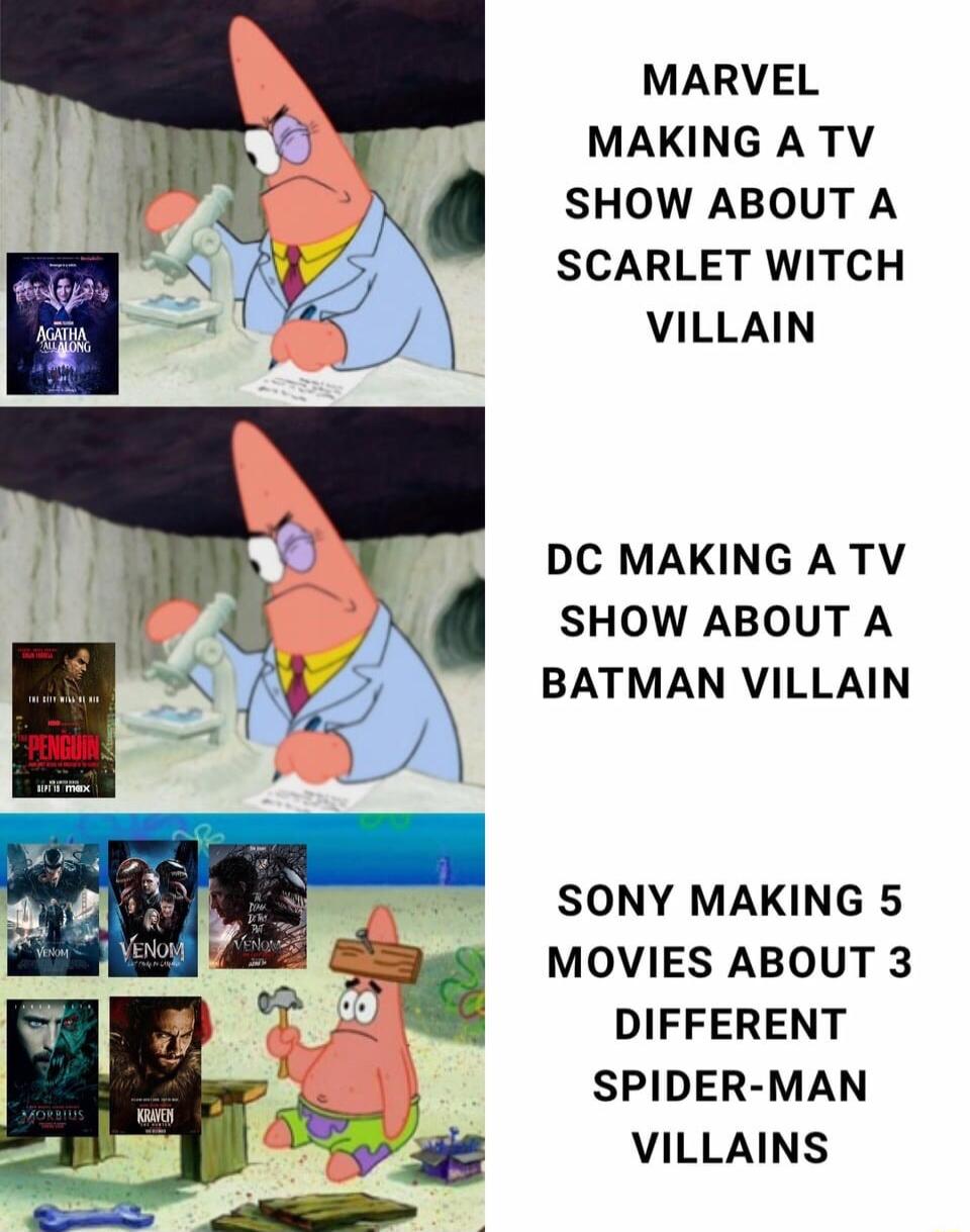 MARVEL MAKING ATV SHOW ABOUT A SCARLET WITCH VILLAIN DC MAKING ATV SHOW ABOUT A BATMAN VILLAIN SONY MAKING 5 MOVIES ABOUT 3 DIFFERENT SPIDER MAN i VILLAINS