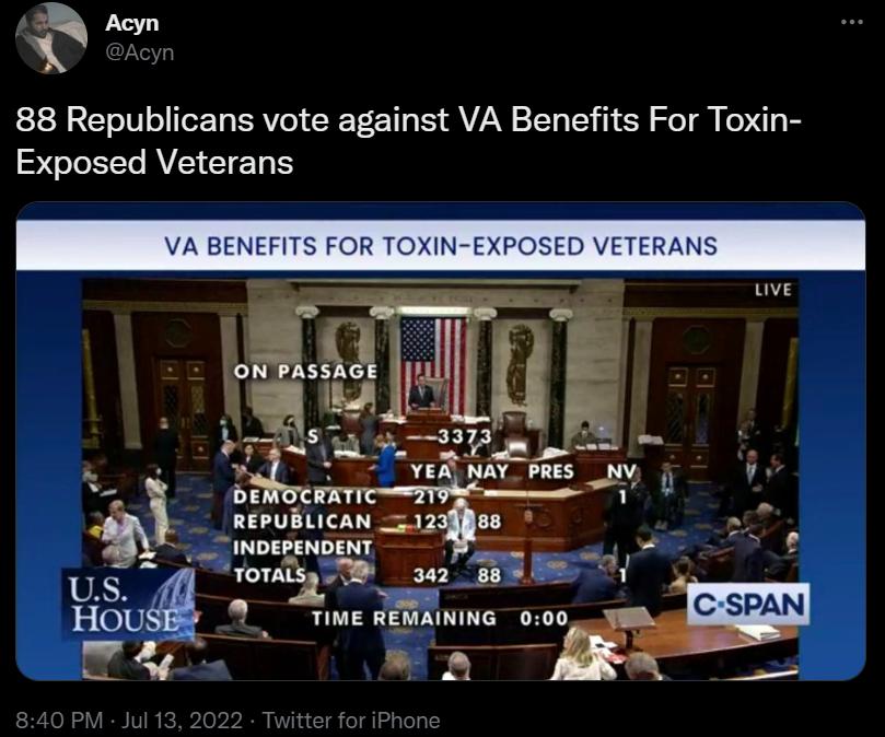 88 Republicans vote against VA Benefits For Toxin Exposed Veterans