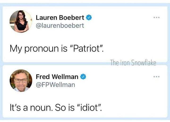 Lauren Boebert laurenboebert My pronoun is Patriot Fred Wellman FPWellman Its a noun So is idiot Thelron Snowflake
