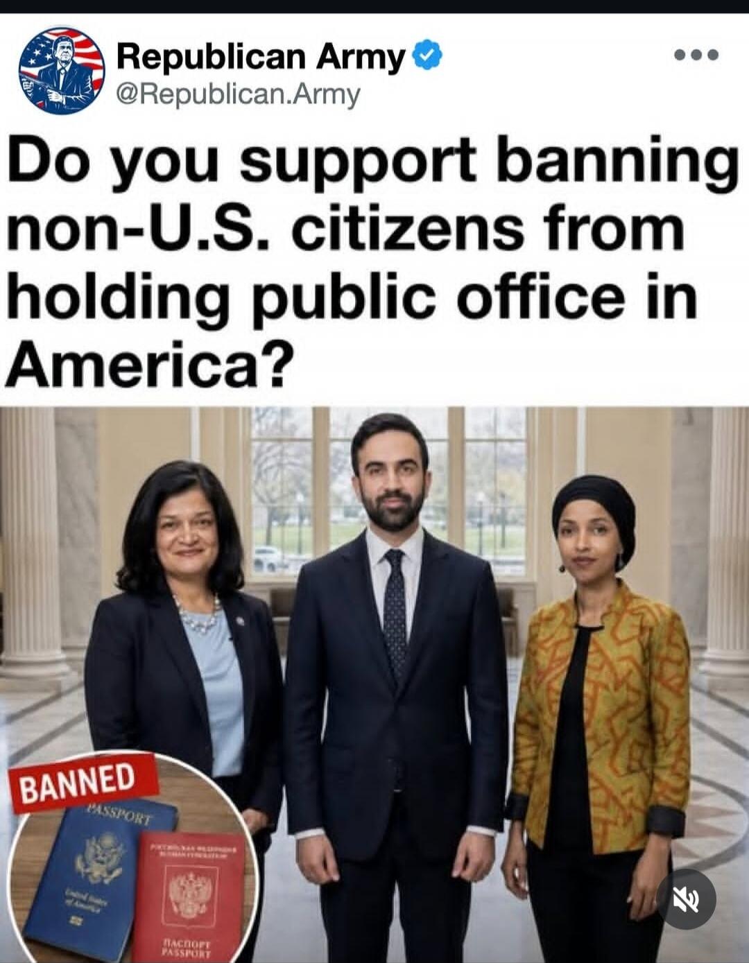 Republican Army @Republican.Army Do you support banning non-U.S. citizens from holding public office in America? BANNED PASSPORT United States of America PASSPORT РОССИЙСКАЯ ФЕДЕРАЦИЯ ПАСПОРТ