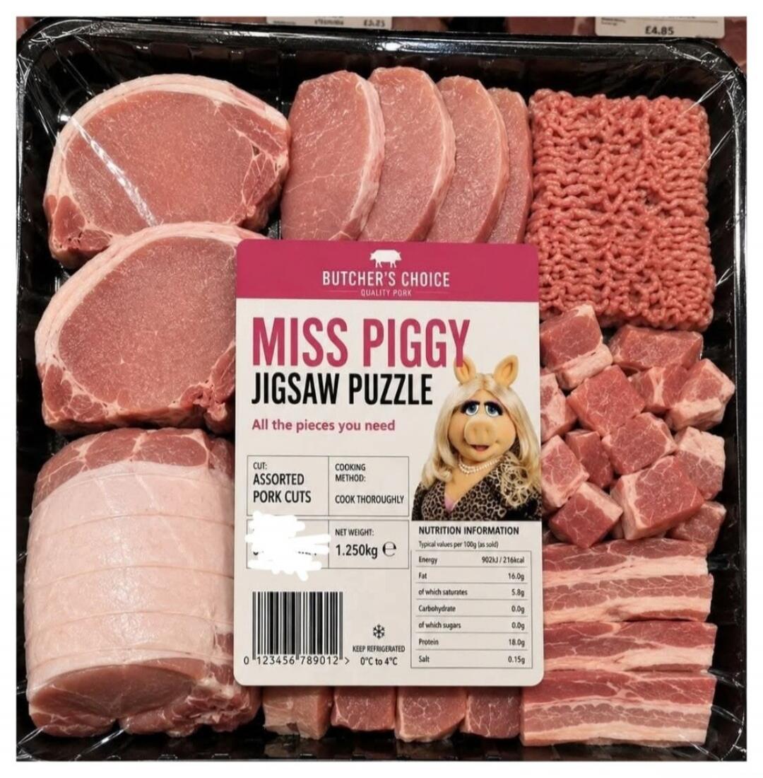 A package of assorted pork cuts, including chops, minced meat, diced meat, and belly slices, with a humorous parody label. The label reads: 