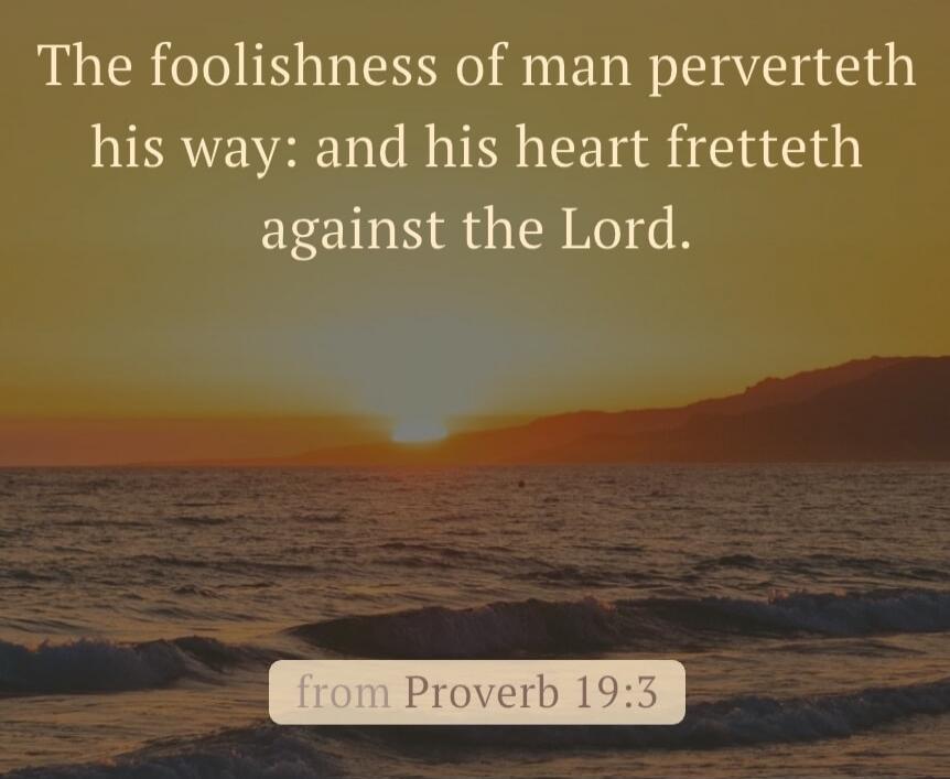 The foolishness of man perverteth his way: and his heart fretteth against the Lord. from Proverb 19:3