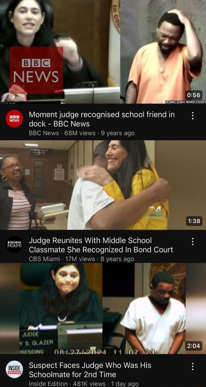 s Moment judge recognised school friendin 3 dock BBC News BEC News 68M views 9 years ago Fr Judge Reunites With Middle School H Classmate She Recognized In Bond Court CBS Miami 17M views 8 years ago wsond ONL22ZLMo4 11 BT Suspect Faces Judge Who Was His Schoolmate for 2nd Time Inside Edition 481K views dayv a00