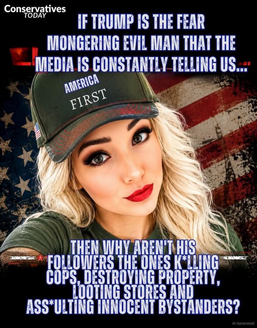 Conservatives TODAY. IF TRUMP IS THE FEAR MONGERING EVIL MAN THAT THE MEDIA IS CONSTANTLY TELLING US... AMERICA FIRST. THEN WHY AREN'T HIS FOLLOWERS THE ONES K*LLING COPS, DESTROYING PROPERTY, LOOTING STORES AND ASS*ULTING INNOCENT BYSTANDERS?
