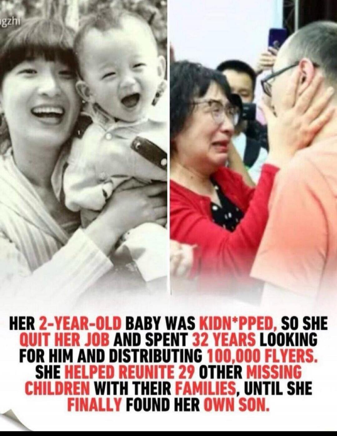 HER 2-YEAR-OLD BABY WAS KIDNAPPED, SO SHE QUIT HER JOB AND SPENT 32 YEARS LOOKING FOR HIM AND DISTRIBUTING 100,000 FLYERS. SHE HELPED REUNITE 29 OTHER MISSING CHILDREN WITH THEIR FAMILIES, UNTIL SHE FINALLY FOUND HER OWN SON.