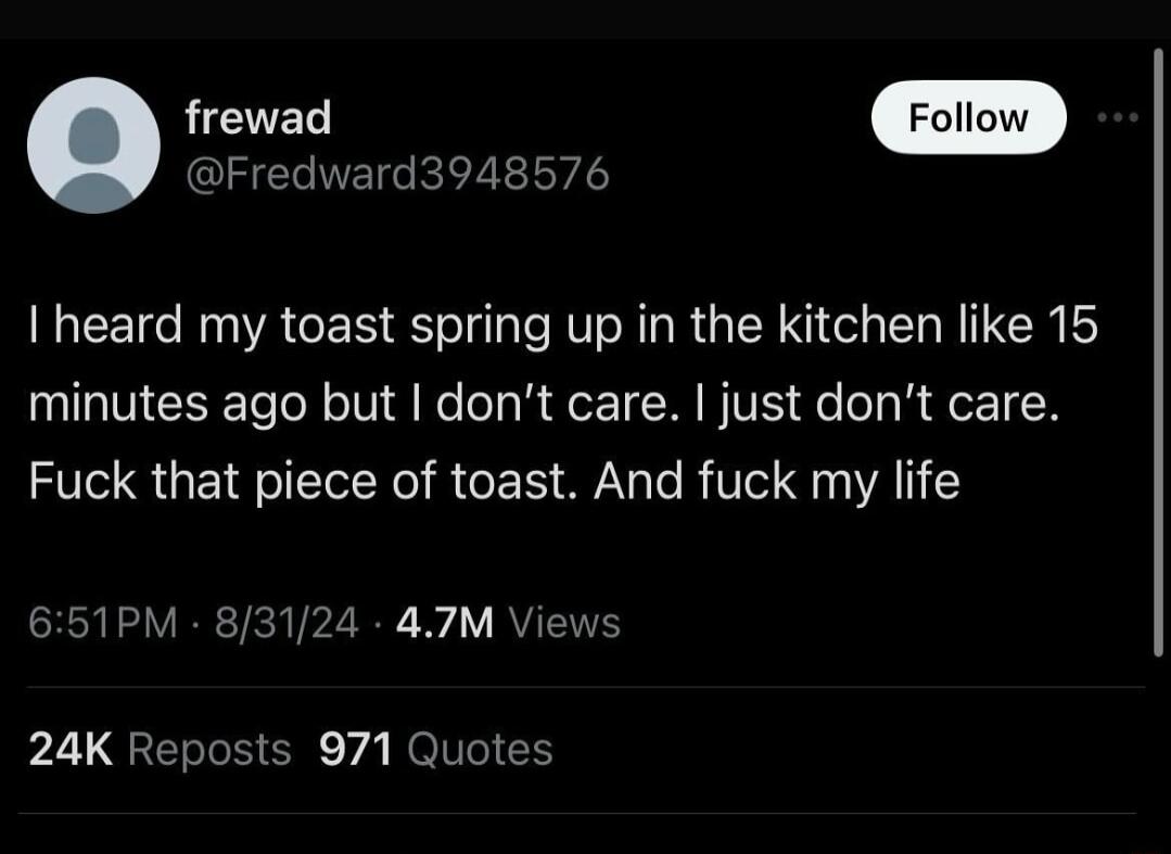 LCTEL Fredward3948576 heard my toast spring up in the kitchen like 15 minutes ago but dont care just dont care Fuck that piece of toast And fuck my life 651PM 83124 47M Views 24K Reposts 971 Quotes