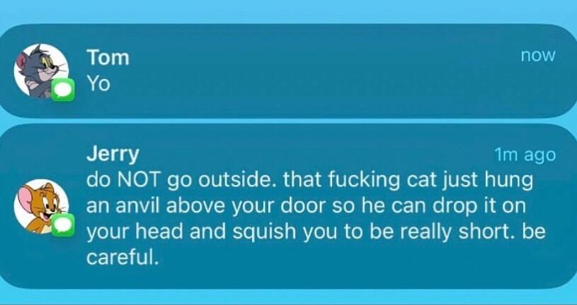 e ammma a Im now e Jerry 1m ago do NOT go outside that fucking cat just hung an anvil above your door so he can drop it on your head and squish you to be really short be careful