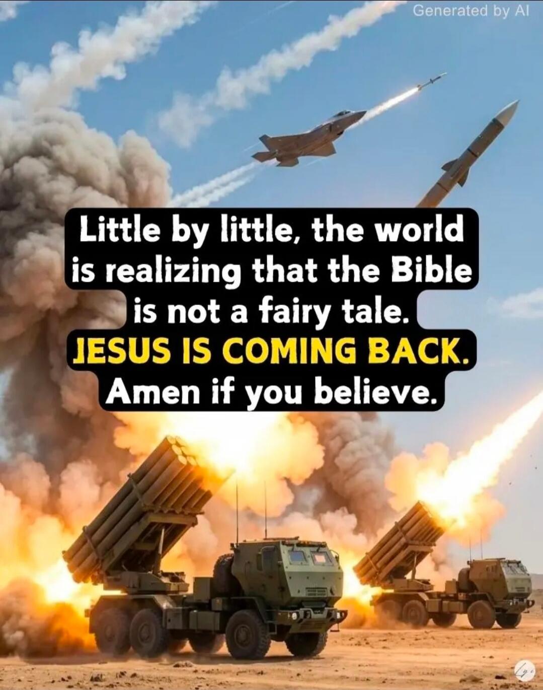 Little by little, the world is realizing that the Bible is not a fairy tale. JESUS IS COMING BACK. Amen if you believe. Generated by AI.