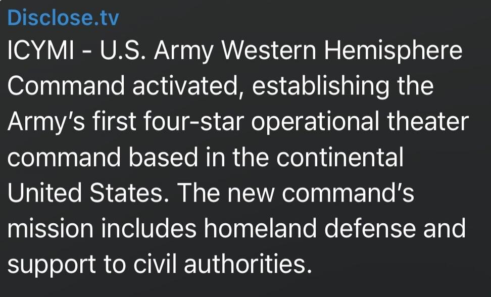 ICYMI - U.S. Army Western Hemisphere Command activated, establishing the Army's first four-star operational theater command based in the continental United States. The new command’s mission includes homeland defense and support to civil authorities.