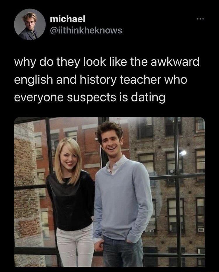 michael GIGIHTGEGENE why do they look like the awkward english and history teacher who everyone suspects is dating
