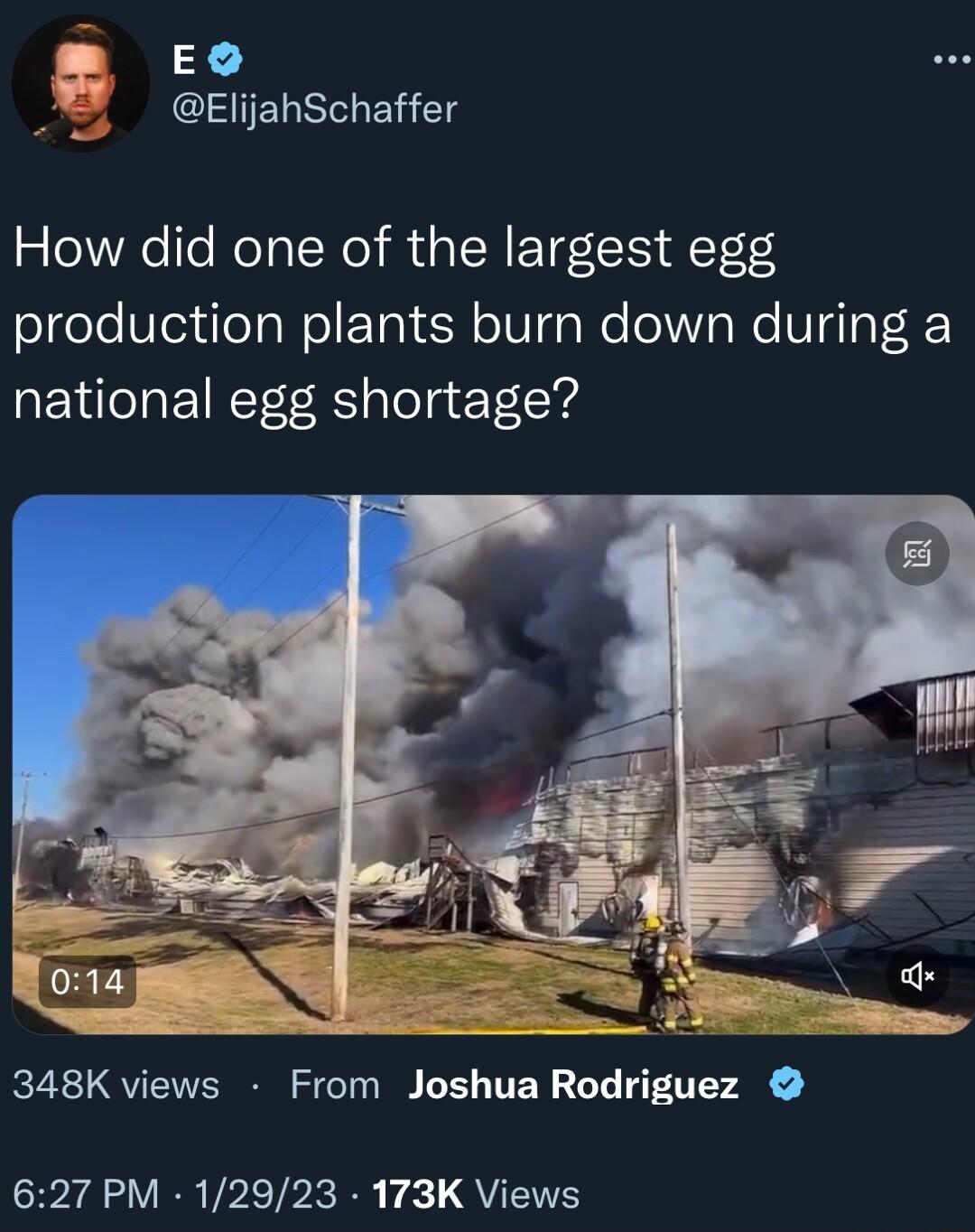 o ElijahSchaffer How did one of the largest egg olgeleWleiuloTaWol oY H o Tda We o107a We V 4ToF 4F national egg shortage 348K views From Joshua Rodriguez YA VIR VPETPERE Y 1 QUENE
