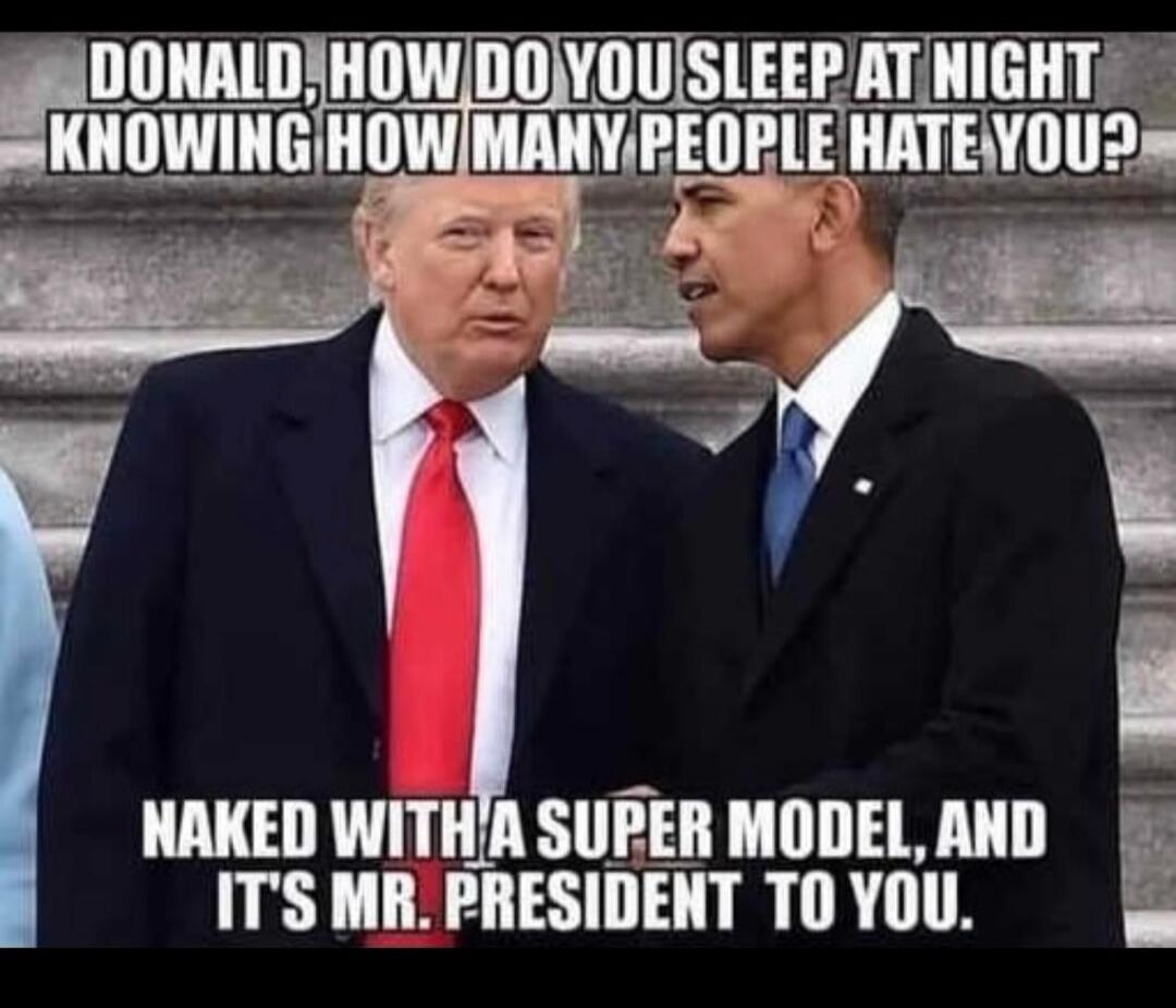 DONALD, HOW DO YOU SLEEP AT NIGHT KNOWING HOW MANY PEOPLE HATE YOU?
NAKED WITH A SUPER MODEL, AND IT'S MR. PRESIDENT TO YOU.