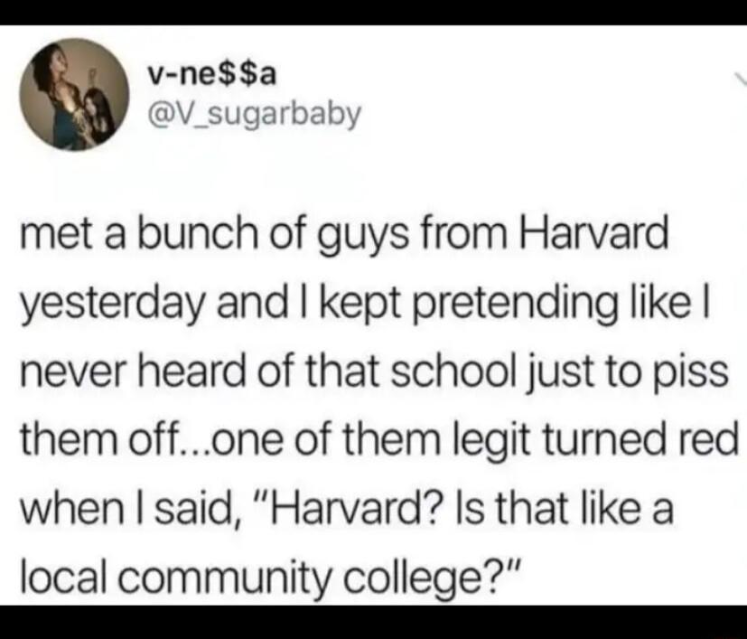 v nesa V_sugarbaby met a bunch of guys from Harvard yesterday and kept pretending like never heard of that school just to piss them offone of them legit turned red when said Harvard Is that like a local community college