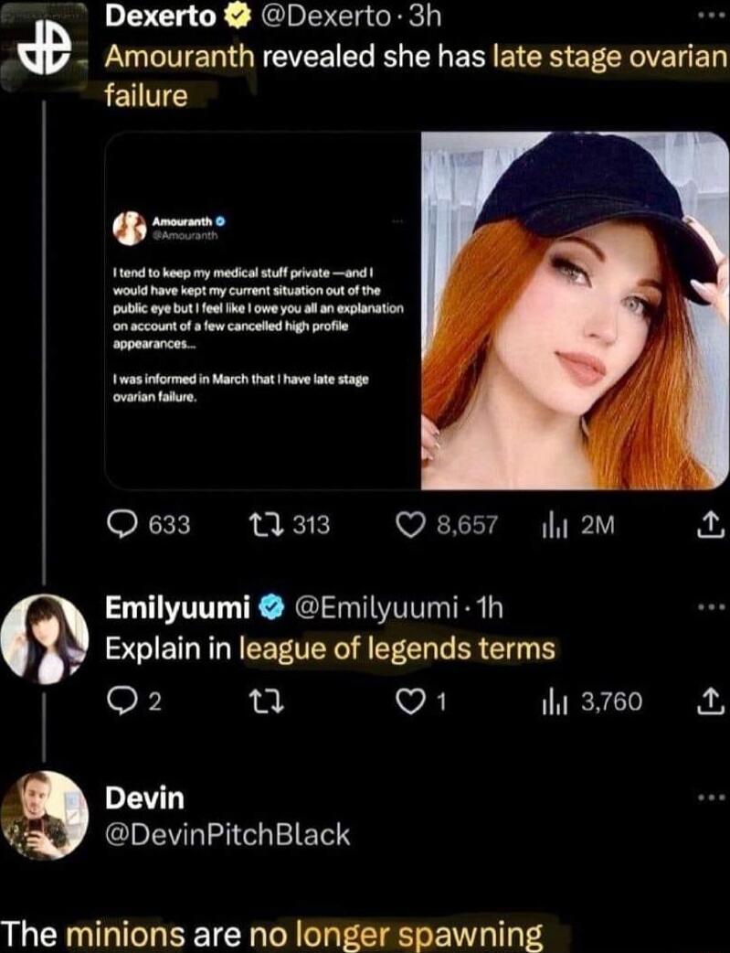 Dexerto Dexerto 3h Amouranth revealed she has late stage ovarian failure e 1 b e gt oo gt ot o o 0 e eyt o o i sl o o o i ol pmcen e T foenivins Q633 11313 Q8657 i 2m Emilyuumi Emilyuumi 1h Explain in league of legends terms S u VA il 3760 PLL GENLIIGHETETS The minions are no longer spawning 53