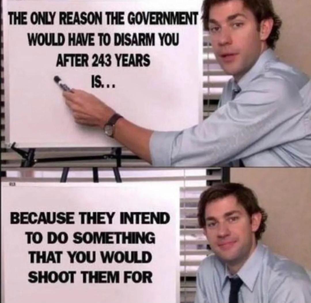 THE ONLY REASON THE GOVERNMENT WOULD HAVE TO DISARM YOU AFTER 243 YEARS IS... BECAUSE THEY INTEND TO DO SOMETHING THAT YOU WOULD SHOOT THEM FOR