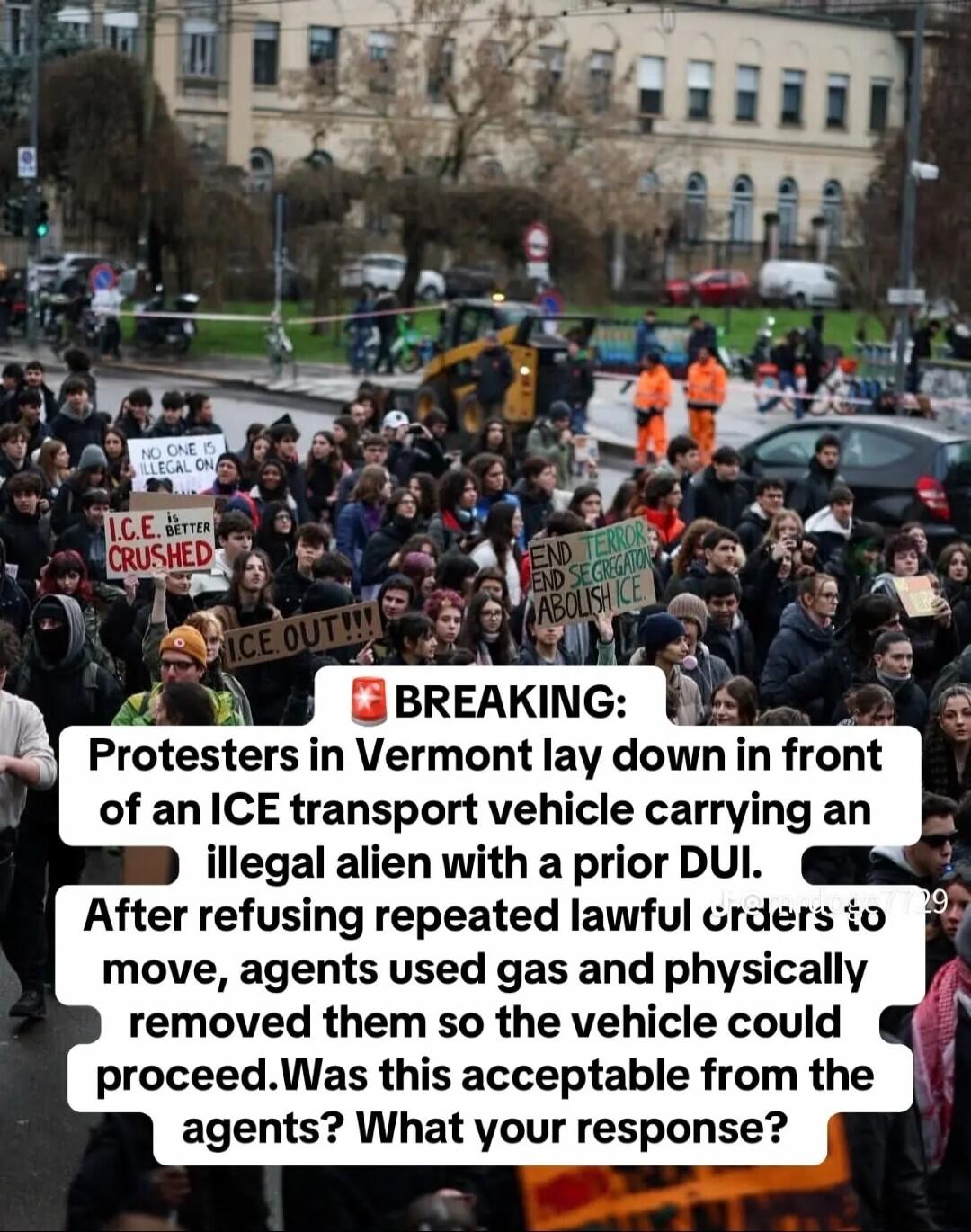 NO ONE IS ILLEGAL ON. I.C.E. IS BETTER CRUSHED. I.C.E. OUT!!! END TERROR END SEGREGATION ABOLISH ICE. BREAKING: Protesters in Vermont lay down in front of an ICE transport vehicle carrying an illegal alien with a prior DUI. After refusing repeated lawful orders to move, agents used gas and physically removed them so the vehicle could proceed. Was t