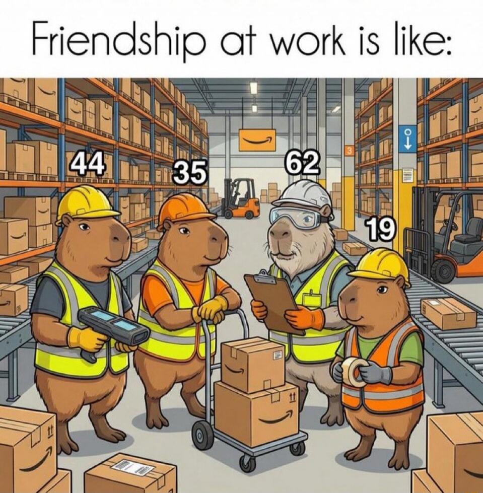 Friendship at work is like: 44 35 62 19. Four capybaras dressed as warehouse workers in an Amazon-like warehouse. They are performing various tasks: scanning, pushing a cart with boxes, holding a clipboard, and holding tape. Numbers 44, 35, 62, and 19 are displayed above their heads.