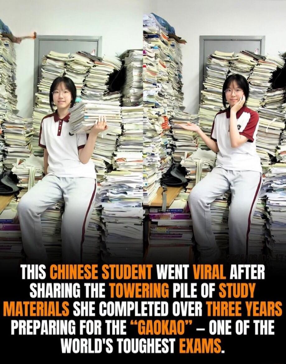 This Chinese student went viral after sharing the towering pile of study materials she completed over three years preparing for the “Gaokao” – one of the world’s toughest exams.
