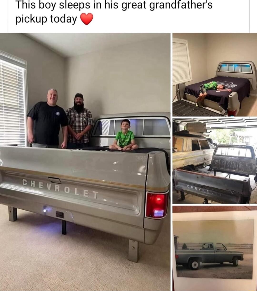 This boy sleeps in his great grandfathers pickup today