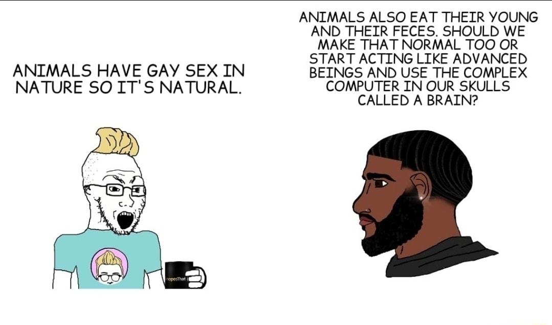 ANIMALS ALSO EAT THEIR YOUNG AND THETR FECES SHOULD WE MAKE THAT NORMAL TOO OR START ACTING LTKE ADVANCED ANIMALS HAVE GAY SEX IN BEINGS AND USE THE COMPLEX NATURE SO ITS NATURAL COMPUTER IN OUR SKULLS CALLED A BRAIN