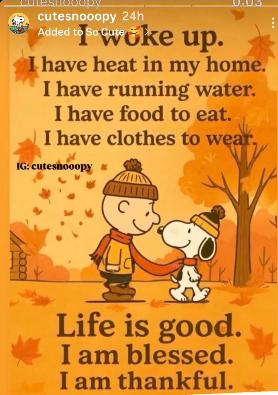 I woke up. I have heat in my home. I have running water. I have food to eat. I have clothes to wear. Life is good. I am blessed. I am thankful.