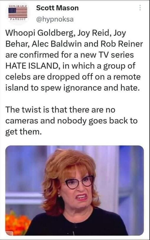 ScottMason hypnoksa Whoopi Goldberg Joy Reid Joy Behar Alec Baldwin and Rob Reiner are confirmed for a new TV series HATE ISLAND in which a group of celebs are dropped off on a remote island to spew ignorance and hate The twist is that there are no cameras and nobody goes back to get them