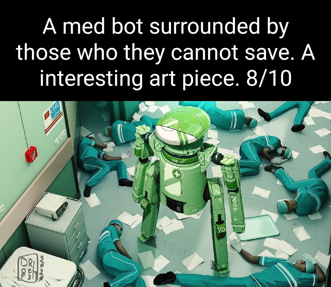 A med bot surrounded by LUTOETRW ToR IR CE T y T 1NN interesting art piece 810