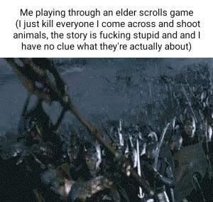 Me playing though an elder scrolls game 1just kil everyone come across and shoot animals the story is fucking stupid and and have no clue what theyre actually about