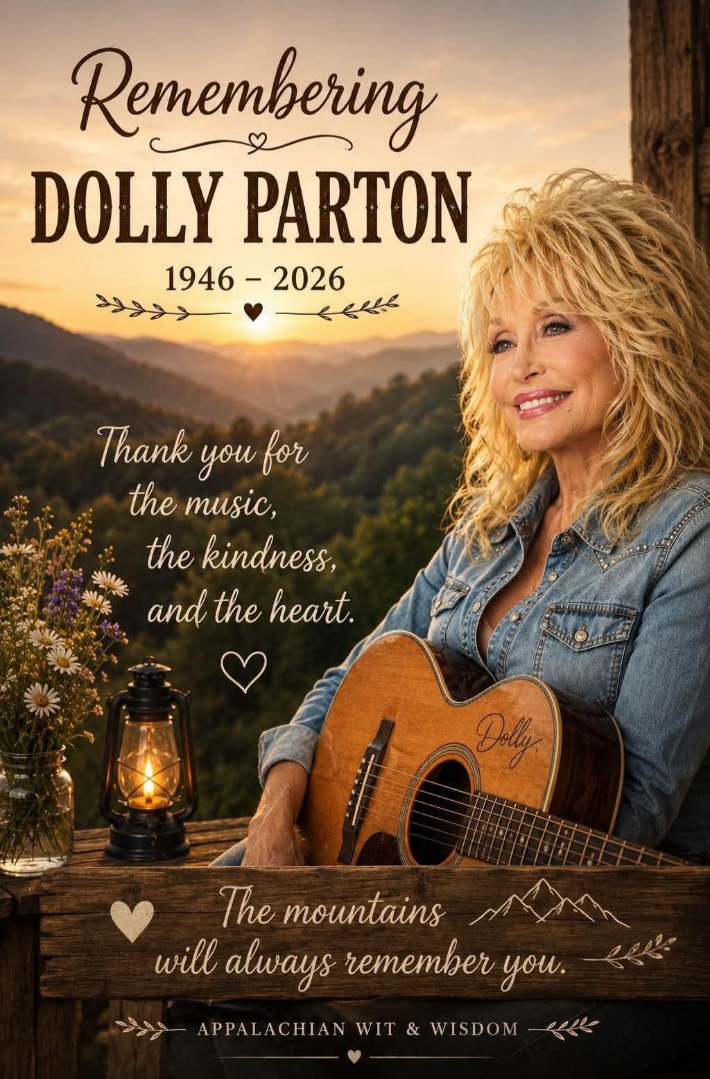 Remembering Dolly Parton 1946 - 2026. Thank you for the music, the kindness, and the heart. The mountains will always remember you. Appalachian Wit & Wisdom.