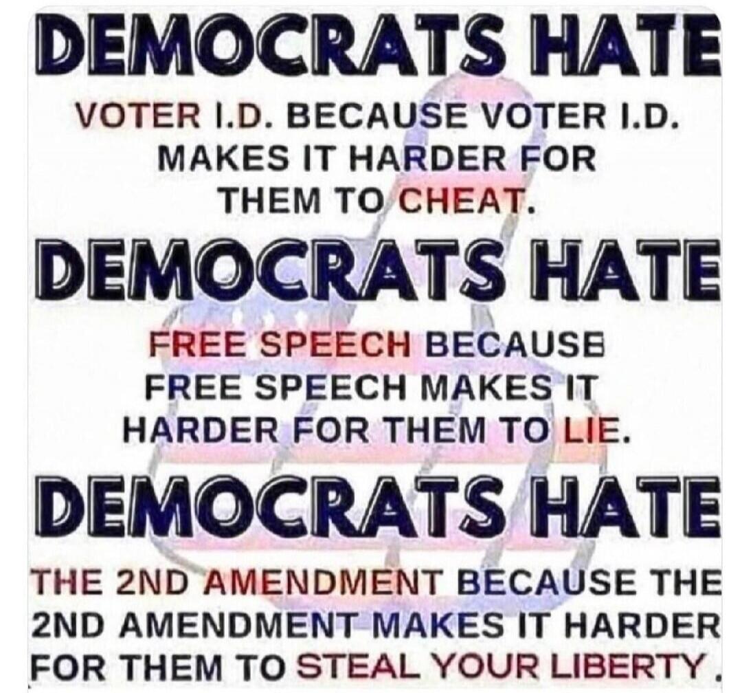 DEMOCRATS HATE VOTER I.D. BECAUSE VOTER I.D. MAKES IT HARDER FOR THEM TO CHEAT. DEMOCRATS HATE FREE SPEECH BECAUSE FREE SPEECH MAKES IT HARDER FOR THEM TO LIE. DEMOCRATS HATE THE 2ND AMENDMENT BECAUSE THE 2ND AMENDMENT MAKES IT HARDER FOR THEM TO STEAL YOUR LIBERTY.