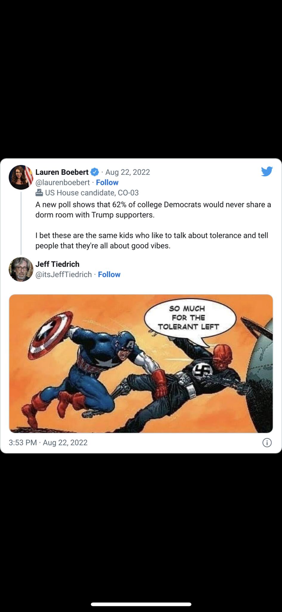 Laeen Bosbart Anew poll shows that 62 of college Democrats would never share a dorm room with Trump supy 1 bet these are the same kids who like to talk about tolerance and tell people that theye all about good vibes Jeff Tiedrich 50 mucn For T ToLGaant LerT