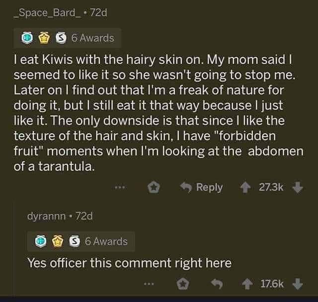 _Space_Bard_72d O 6hvacs eat Kiwis with the hairy skin on My mom said seemed to like it so she wasnt going to stop me Later on find out that Im a freak of nature for doing it but still eat it that way because just like it The only downside is that since like the texture of the hair and skin have forbidden fruit moments when Im looking at the abdomen of a tarantula HReply 4 223 dyrannn 72d S O 6rva