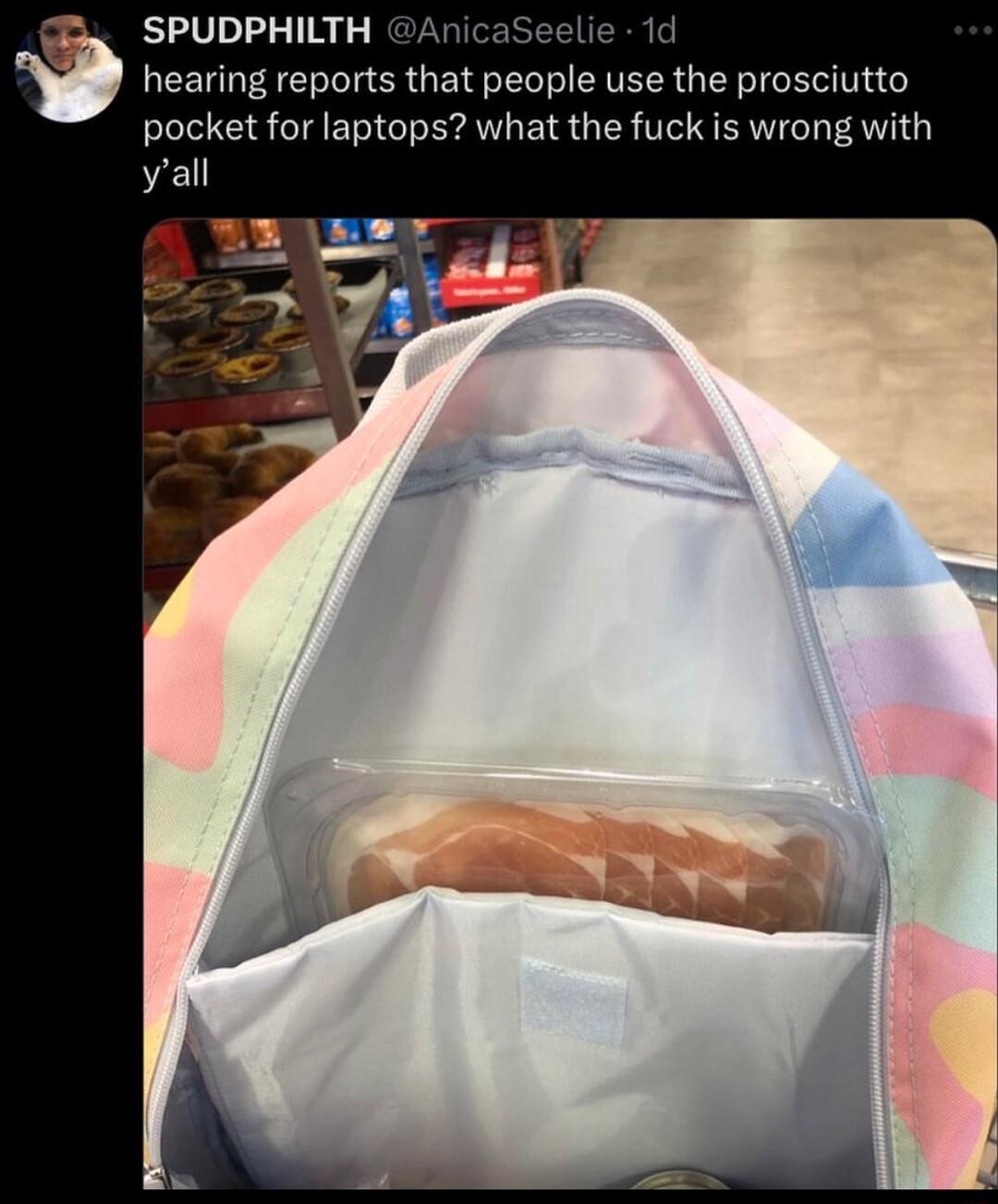 SPUDPHILTH AnicaSeelie 1d hearing reports that people use the prosciutto pocket for laptops what the fuck is wrong with