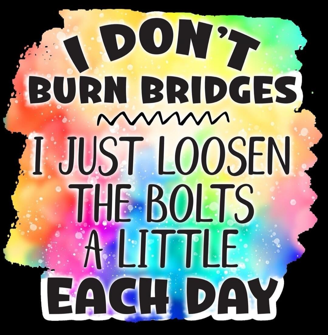 I DON'T BURN BRIDGES I JUST LOOSEN THE BOLTS A LITTLE EACH DAY