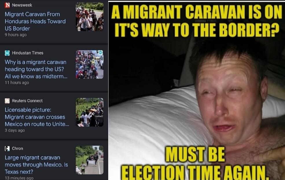 Newsweek Migrant Caravan From Honduras Heads Toward US Border 9 hours ago. Hindustan Times Why is a migrant caravan heading toward the US? All we know as midterm... 11 hours ago. Reuters Connect Licensable picture: Migrant caravan crosses Mexico en route to Unite... 3 days ago. Chron Large migrant caravan moves through Mexico. Is Texas next? 13 min