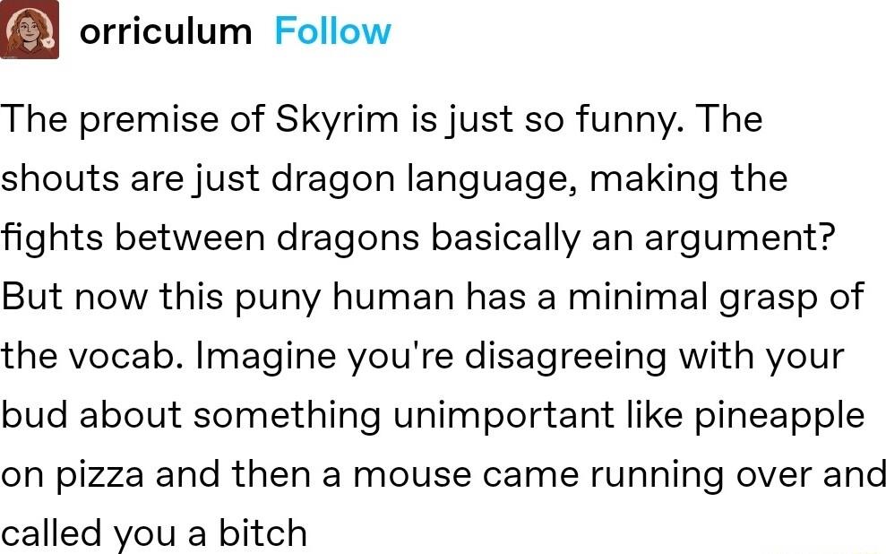 orriculum Follow The premise of Skyrim is just so funny The shouts are just dragon language making the fights between dragons basically an argument But now this puny human has a minimal grasp of the vocab Imagine youre disagreeing with your bud about something unimportant like pineapple on pizza and then a mouse came running over and called you a bitch